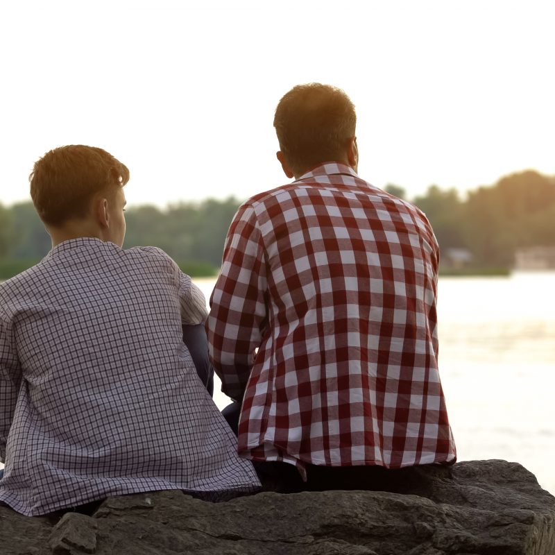 Male teenager and his father sitting on stone near lake and talking about life